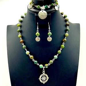 Handmade Compass Necklace Set with Natural African Turquoise Stones!